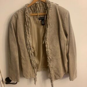 Dialogue Women's Beige Fringe Leather Jacket